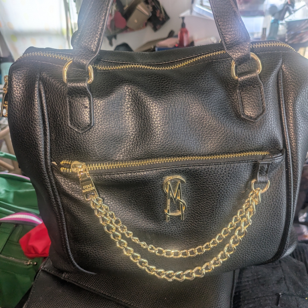 Black Leather Handbag with Gold Accents
